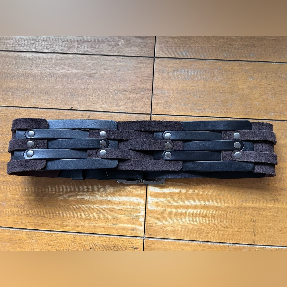 Etcetera Wide Belt Black Leather Brown Suede Woven Size M 30-34 Inch Length - Picture 5 of 11